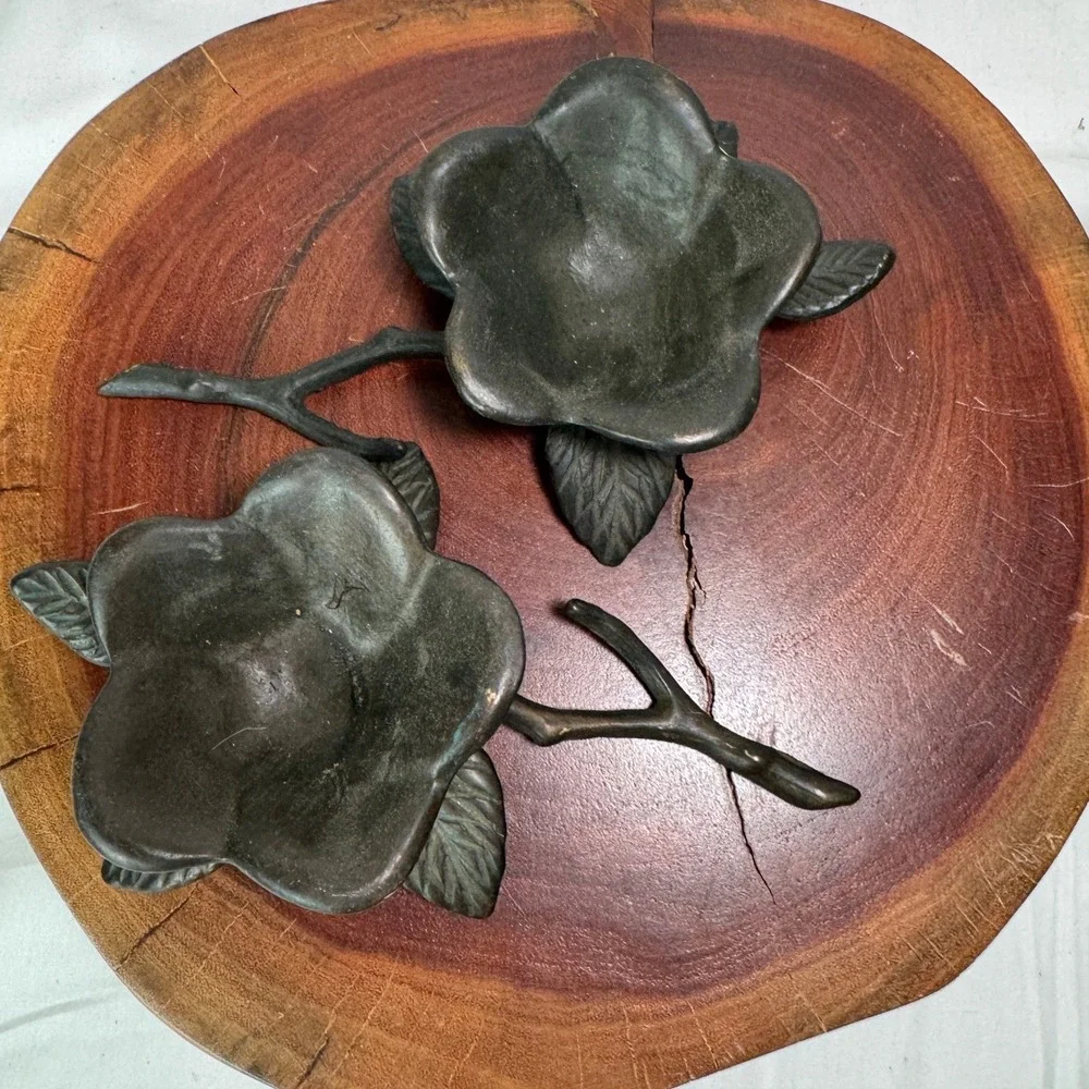 Bronze Magnolia Flower Branch Incense Cone Holders Pair Verdigris Patina Metal